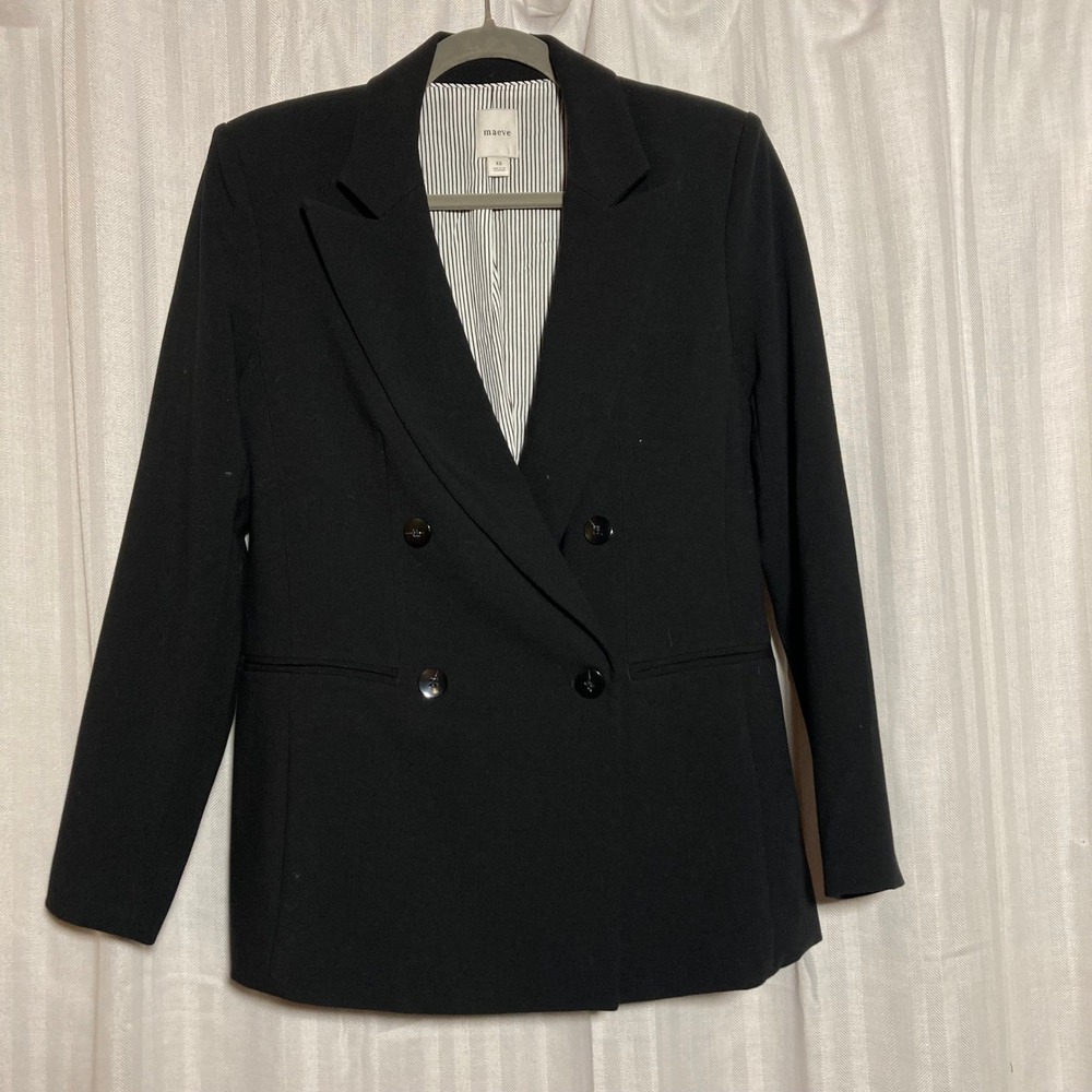 Maeve Anthropologie Black Double Breasted Pinstripe Lined Blazer XS Minimalist